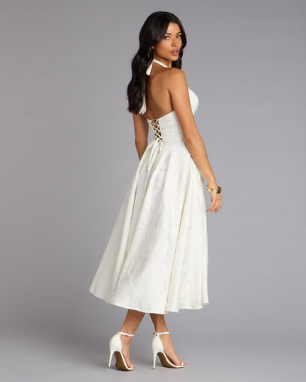 Discover a formal dress like the Ellen Lace-Up Halter A-Line Midi Formal Dress featuring a flattering fit, smooth fabric, and refined design for any formal occasion.