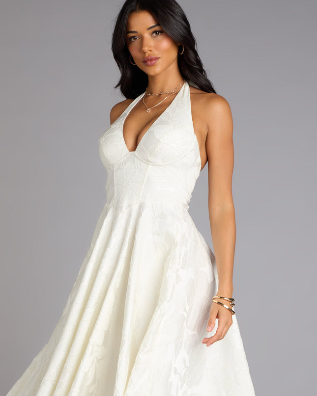 Shop a formal dress like the Ellen Lace-Up Halter A-Line Midi Formal Dress, designed with a sleek silhouette, luxe fabric, and elegant detail for special events.