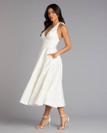Discover a formal dress like the Ellen Lace-Up Halter A-Line Midi Formal Dress featuring a flattering fit, smooth fabric, and refined design for any formal occasion.