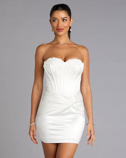 Own Prom 2026 in the Alexia Satin Lace Bustier Mini Dress,  a prom dress designed with a flattering silhouette and elevated details that feel modern and true to your style.