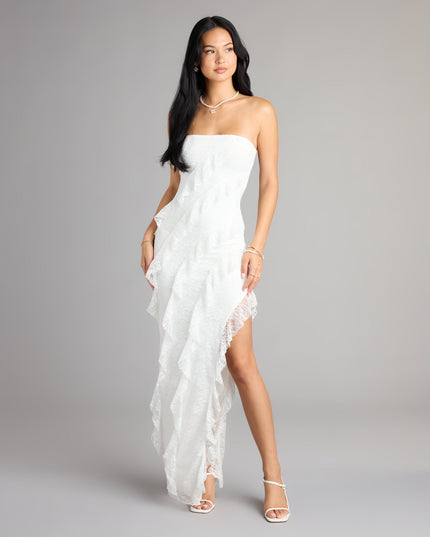 Ellie Ruffled Lace High Slit Formal Dress