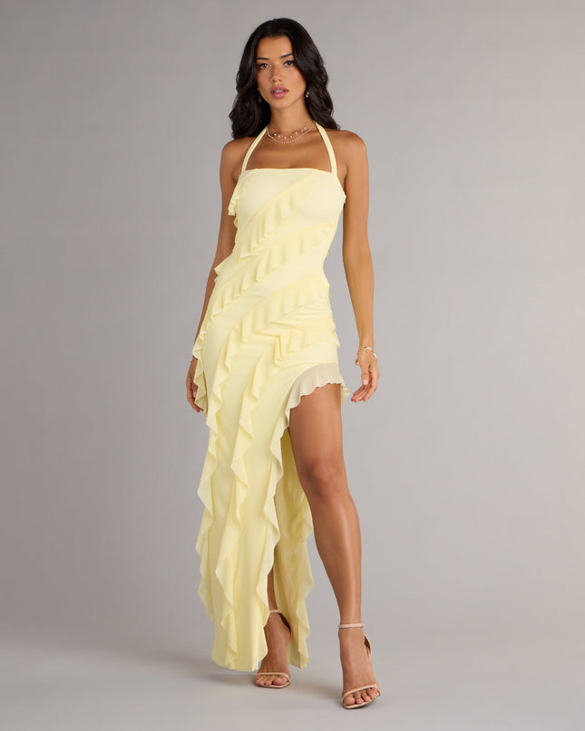You’ll have effortless movement and dreamy vibes all night in the Blake Mesh Halter Slit Ruffle Formal Dress—a prom dress made for twirling, posing, and showing up.