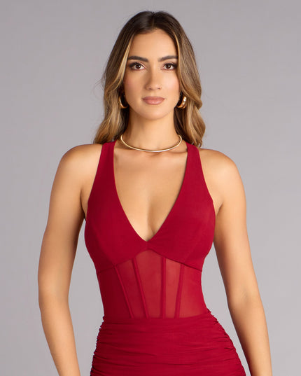 Kristy Mesh Corset Lace-Up Slit Formal Dress