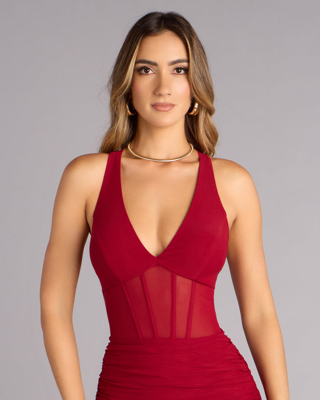 Kristy Mesh Corset Lace-Up Slit Formal Dress