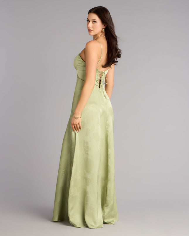 The Annistyn Satin A-Line Formal Dress is a sage green prom dress that blends trend-forward design with a flattering fit, perfect for celebrating your night with confidence.
