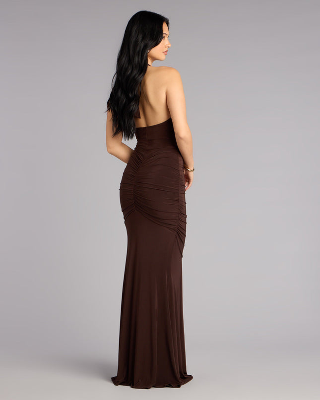 The Allyssa Halter Sash Mermaid Formal Dress is a brown prom dress that blends trend-forward design with a flattering fit, perfect for celebrating your night with confidence.