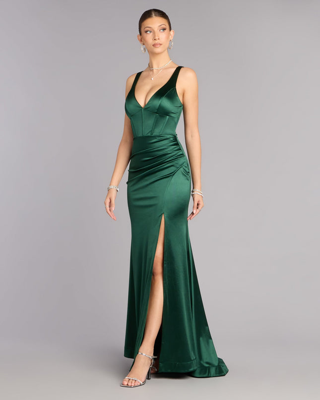Mellie Satin Lace Up Slit Formal Dress
