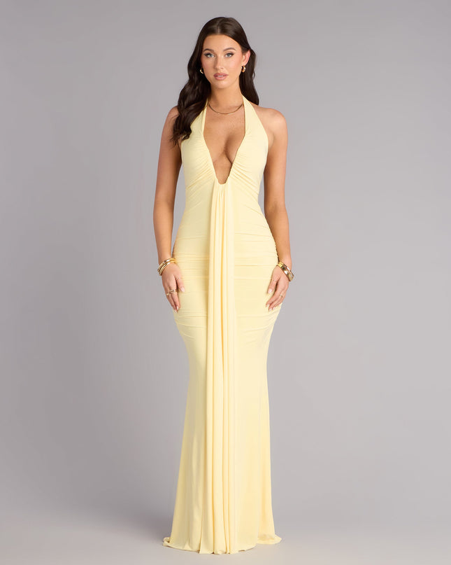 Own Prom 2026 in the Allyssa Halter Sash Mermaid Formal Dress,  a yellow prom dress designed with a flattering silhouette and elevated details that feel modern and true to your style.