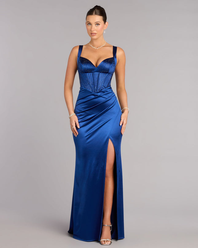 Shimmer through every feed refresh in the Aurora Satin Rhinestone Corset Formal Dress, a viral-worthy look from Windsor's navy blue prom dresses that nails bold, confident energy.