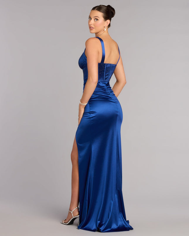 This navy blue prom dress, the Aurora Satin Rhinestone Corset Formal Dress , features a sleek, floor-length design with trend-forward details that capture the excitement of Prom 2026.