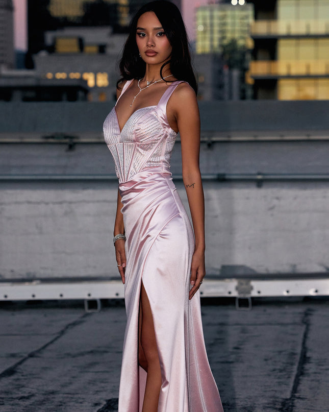 Dress up in shimmer and polish with the Aurora Satin Rhinestone Corset Formal Dress, a pink prom dress that pairs a timeless silhouette with radiant sparkle for that all-eyes-on-you moment.