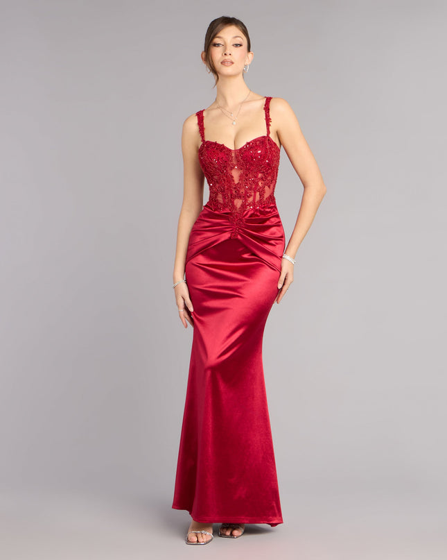 Shop a formal dress like the Tiffany Satin Beaded Corset Formal Dress in red, designed with a sleek silhouette, luxe fabric, and elegant detail for special events.
