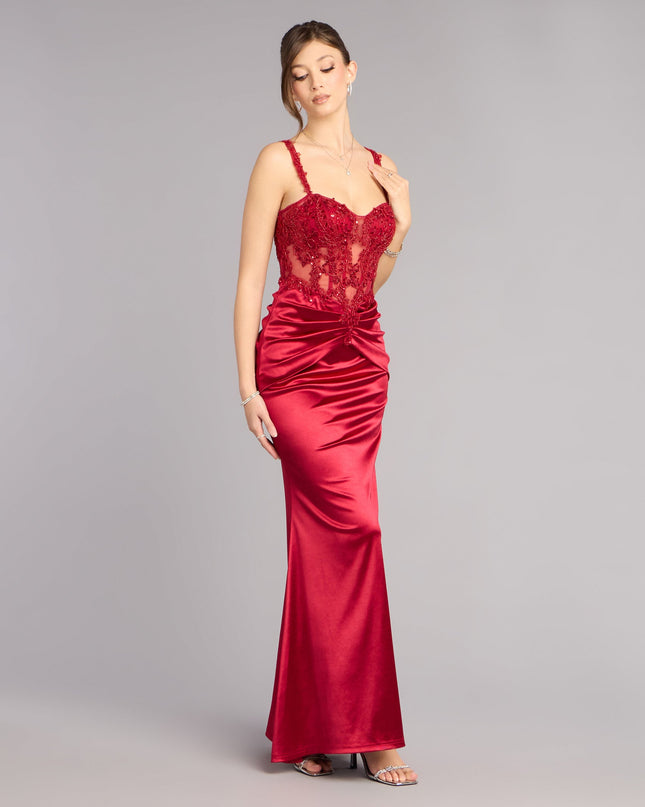 Shop a formal dress like the Tiffany Satin Beaded Corset Formal Dress in red, designed with a sleek silhouette, luxe fabric, and elegant detail for special events.