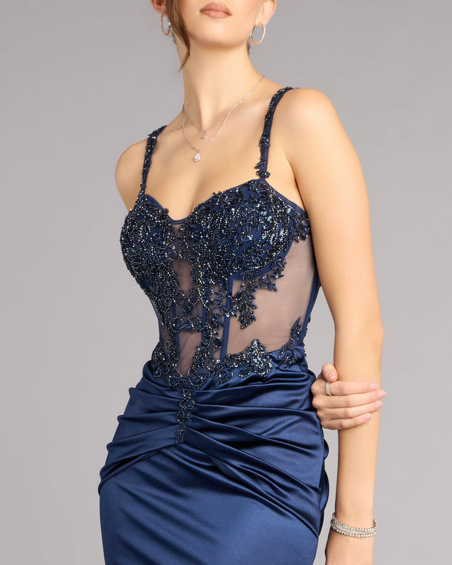 Shop a formal dress like the Tiffany Satin Beaded Corset Formal Dress in navy blue, designed with a sleek silhouette, luxe fabric, and elegant detail for special events.