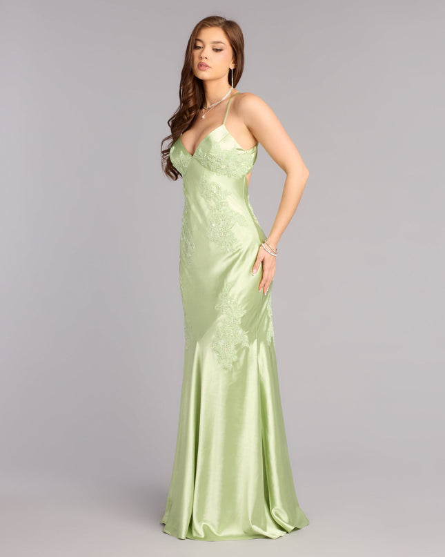 Discover a formal dress like the Rachel Satin Open Back Formal Dress in sage green featuring a flattering fit, smooth fabric, and refined design for any formal occasion.