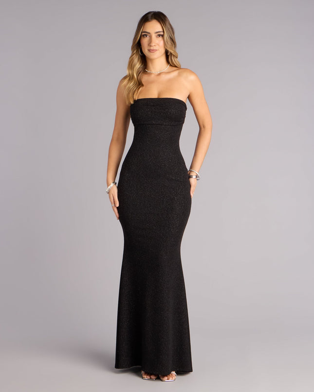 Shimmer through every feed refresh in the Audrina Glitter Strapless Mermaid Formal Dress, a viral-worthy look from Windsor's black prom dresses that nails bold, confident energy.