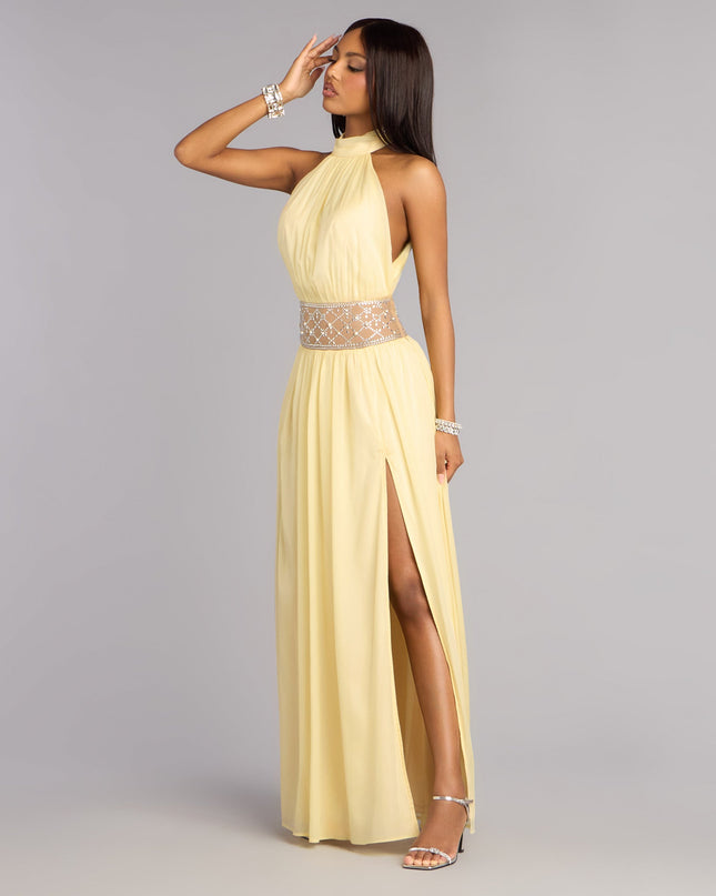Shop a formal dress like the Monica Chiffon Embellished Formal Dress in yellow, designed with a sleek silhouette, luxe fabric, and elegant detail for special events.
