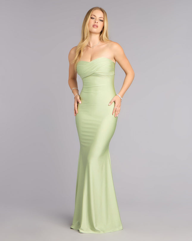 Own Prom 2026 in the Adley Strapless Mermaid Dress,  a sage green prom dress designed with a flattering silhouette and elevated details that feel modern and true to your style.