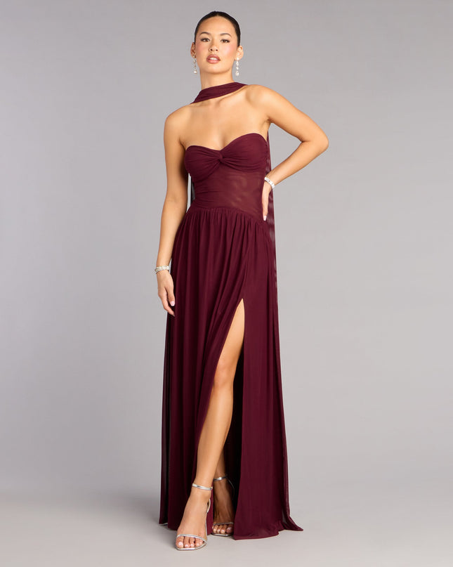 Rhea Mesh Strapless A-Line Dress With Scarf