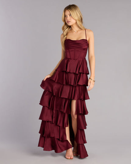 Rose Satin Ruffle A-Line Formal Dress