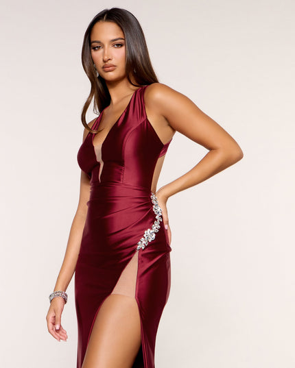 Fenna Satin Rhinestone Trim Mermaid Dress