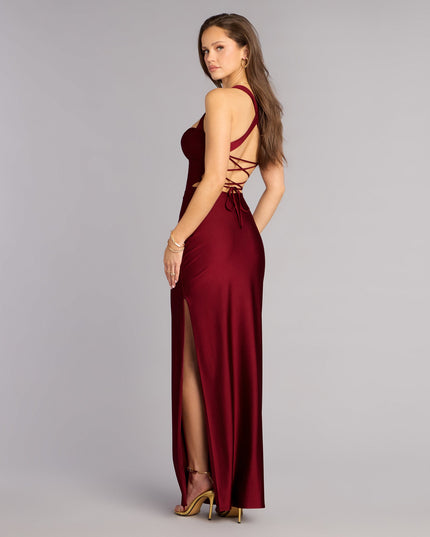Discover a formal dress like the Rey Lace-Up Column Formal Dress in wine featuring a flattering fit, smooth fabric, and refined design for any formal occasion.