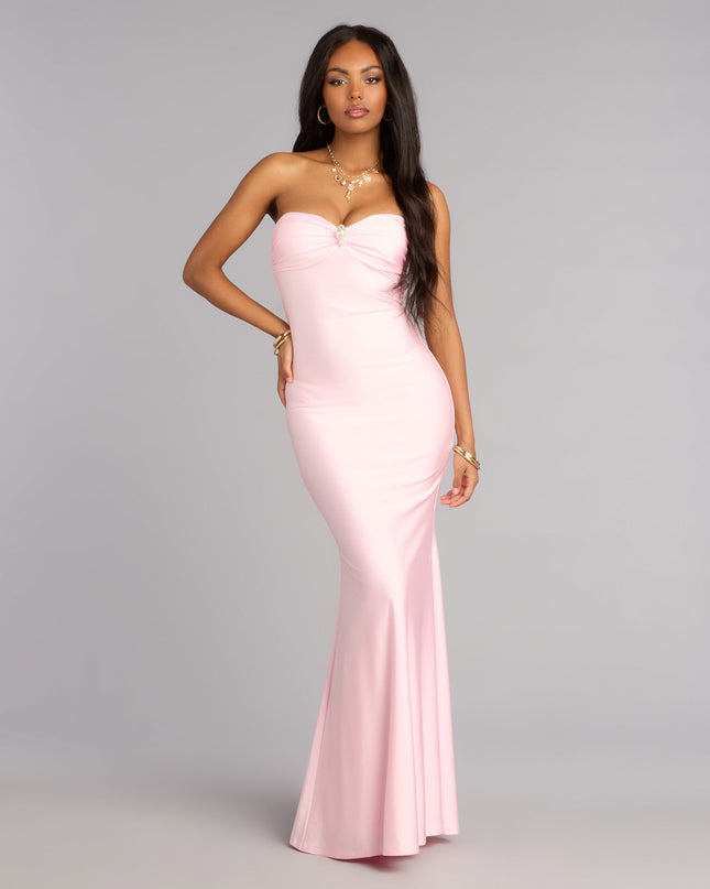Shop a formal dress like the Zooey Faux Pearl Trim Mermaid Formal Dress in pink, designed with a sleek silhouette, luxe fabric, and elegant detail for special events.