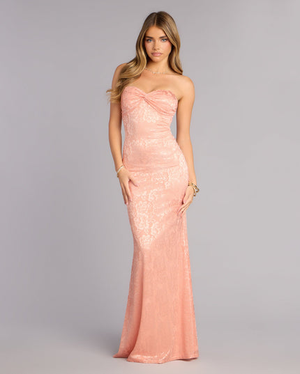 Shop a formal dress like the Averie Floral Lace Strapless Mermaid Dress in pink, designed with a sleek silhouette, luxe fabric, and elegant detail for special events.