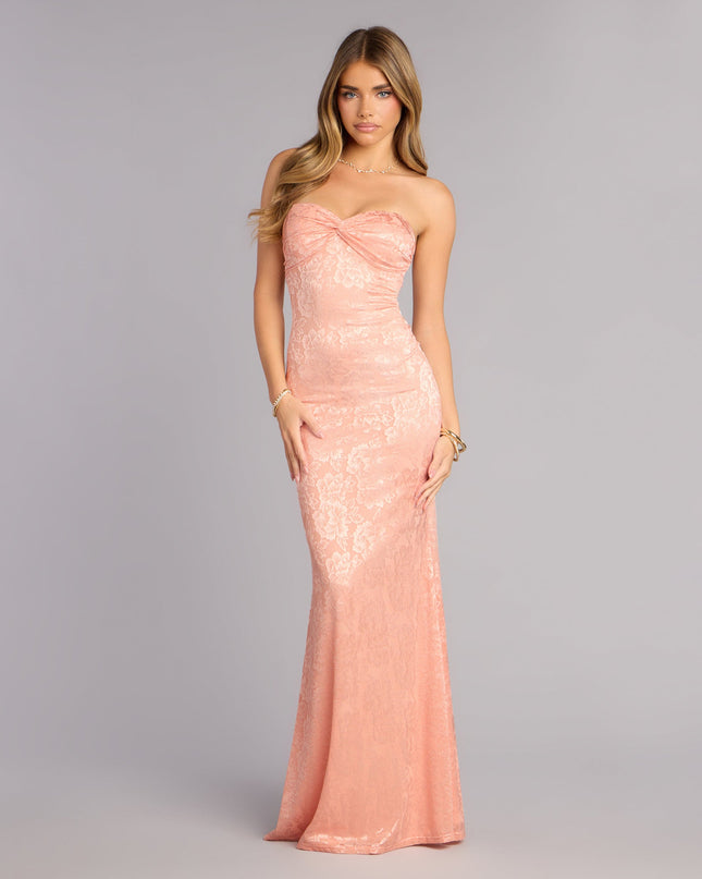 Shop a formal dress like the Averie Floral Lace Strapless Mermaid Dress in pink, designed with a sleek silhouette, luxe fabric, and elegant detail for special events.