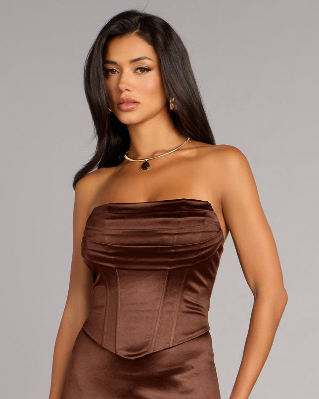 Shop a formal dress like the Jess Satin Corset Lace-Up Mermaid Formal Dress in brown, designed with a sleek silhouette, luxe fabric, and elegant detail for special events.