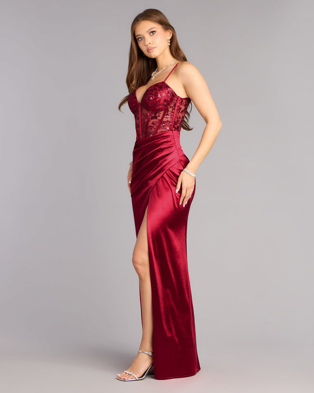 Jaylene Satin Corset Slit Formal Dress