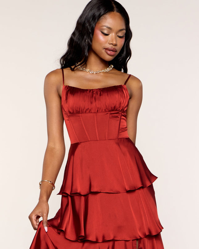 Lucilla Satin Corset Ruffle Formal Dress