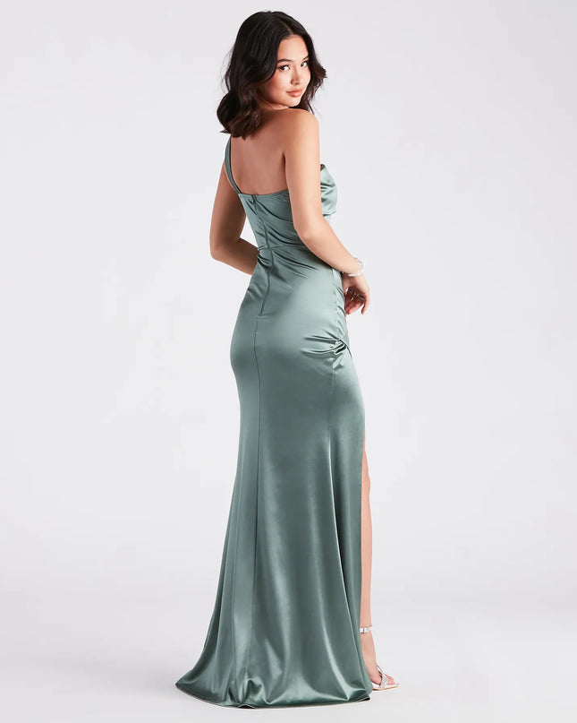 The elegant Kathie Formal Satin One-Shoulder Dress is a olive green satin bridesmaid dress crafted with luxe fabric, ideal for modern weddings and traditional bridal parties.