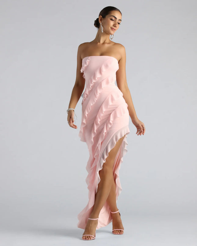 Style your Prom 2026 with the Gabby Formal Mesh Strapless Ruffle Long Dress, a trendy pink formal dress designed with new and unqiue details for your milestone moment.