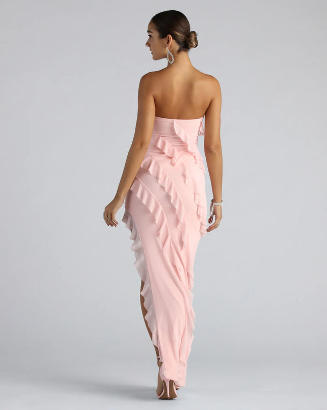 Own the spotlight in the Gabby Formal Mesh Strapless Ruffle Long Dress, a pink formal dress crafted to deliver luxe style for formal weddings, military balls, or Prom 2026.
