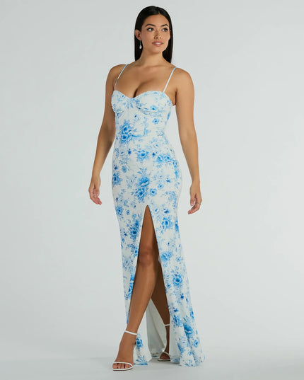 Elia High Slit Floral Crepe Mermaid Dress