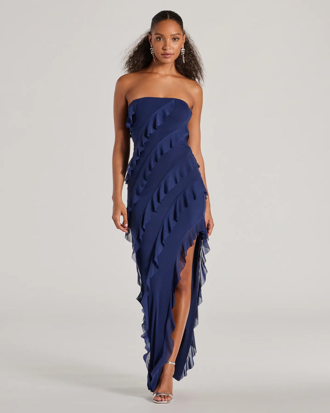 Feel polished and confident in the Gabby Formal Mesh Strapless Ruffle Long Dress, a navy blue prom dress designed with luxe fabric and modern detail that shows off your vibe.