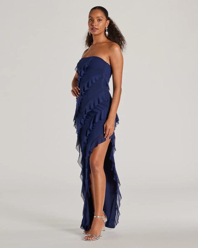 Whether it's the color or silhouette of the Gabby Formal Mesh Strapless Ruffle Long Dress, this navy bridesmaid dress is a gorgeous pick for a maid-of-honor or to create a bridal party look ready to celebrate!