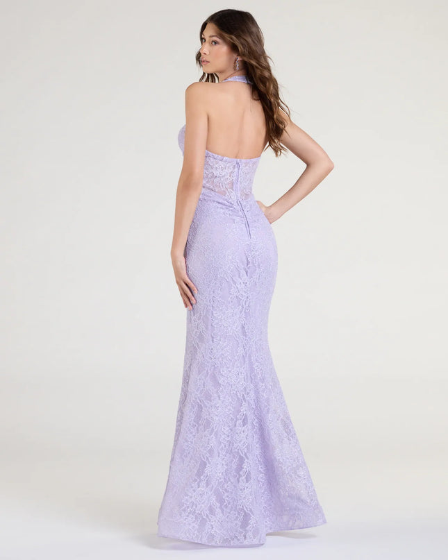 The Cadie Halter Corset Slit Lace Formal Dress is a lavender prom dress that blends trend-forward design with a flattering fit, perfect for celebrating your night with confidence.