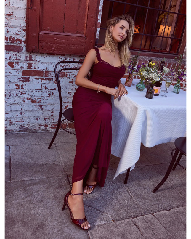 Style your seasonal looks with the Morgana Lace-Up Ruched Mermaid Dress, a trend-right, burgundy spring dress designed for any plan on your calendar with new and unqiue details.