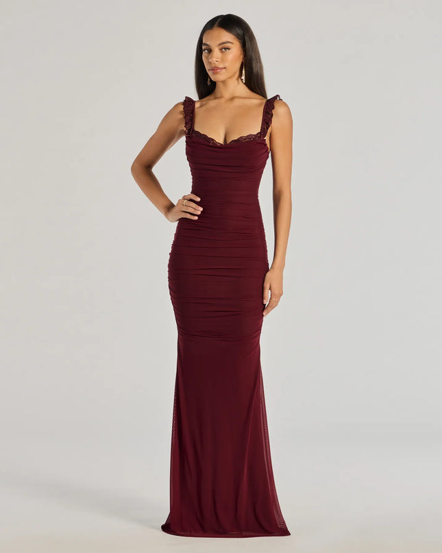 Feel polished and confident in the Morgana Lace-Up Ruched Mermaid Dress, a burgundy prom dress designed with luxe fabric and modern detail that shows off your vibe.