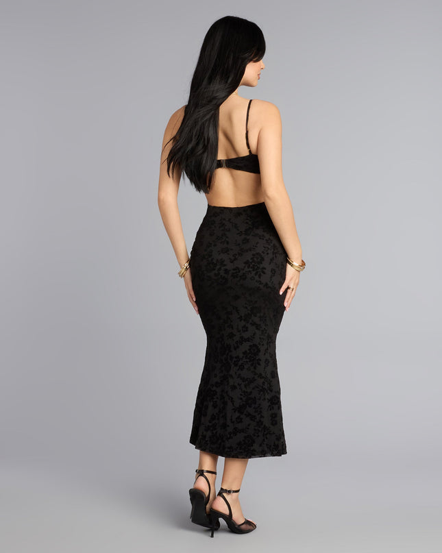 Style a midi dress like Barely Blushing Velvet Mesh Midi Dress in black with a balanced silhouette, comfortable fit, and versatile design for any occasion.
