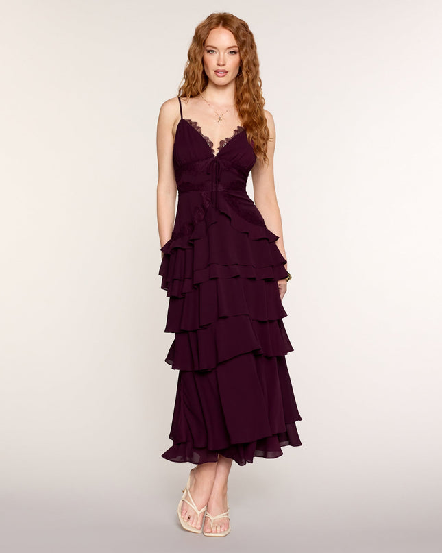 Ruffle Romance Lace-Trim Chiffon Maxi Dress