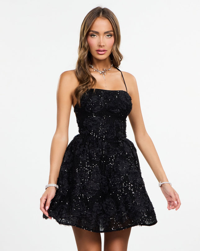 Sparkling Floral Sequin Lace-Up Dress