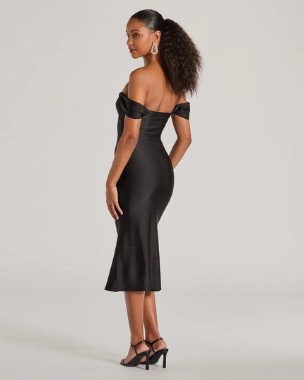 Own the evening in the Exceptional Off-The-Shoulder Flared Midi Dress in black, a cocktail dress perfect for rooftop parties and stylish soirées.