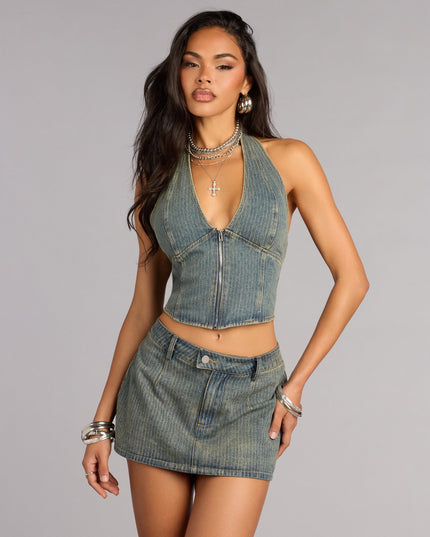 Downtown Muse Denim Zip Front Corset Top