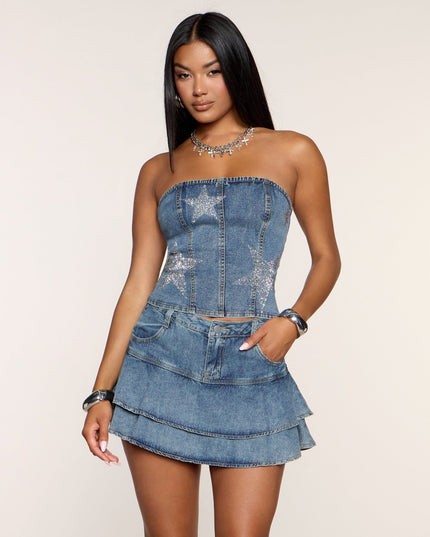 Nightfall Star Rhinestone Lace-Up Denim Top