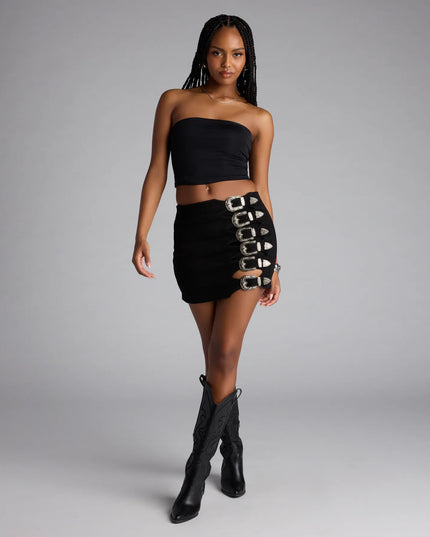 Buckle Down High-Rise Denim Skort