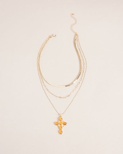 Chic Layers Stone Cross Charm Necklace