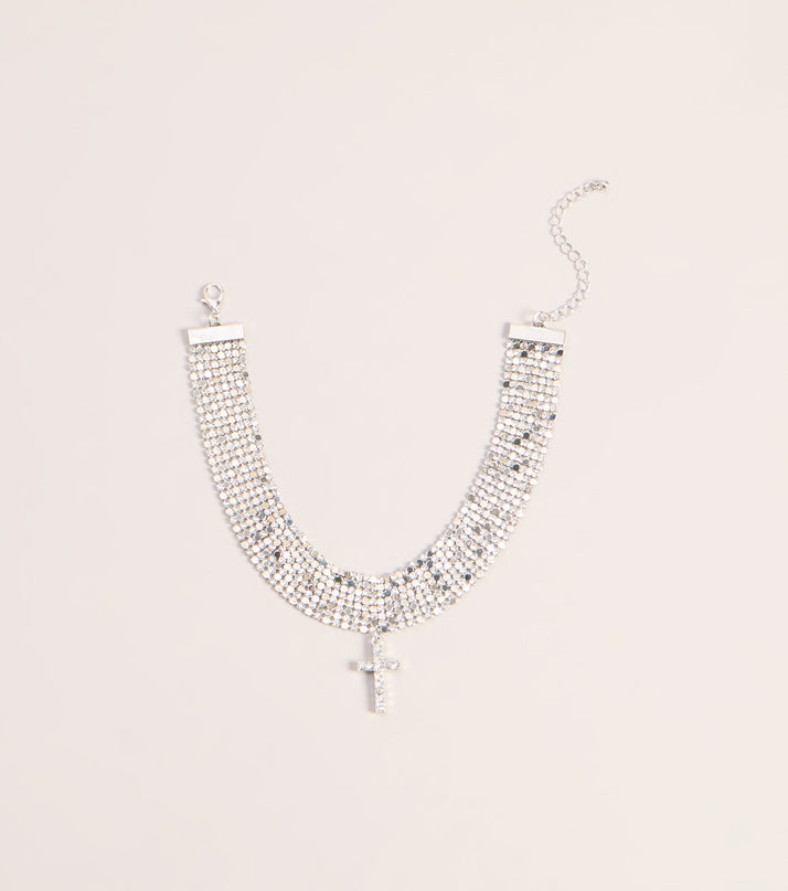 Glitzy Rhinestone Cross Chainmail Choker Necklace